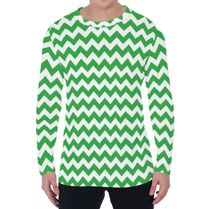 Green And White Chevron Pattern Print Men's Long Sleeve T-Shirt