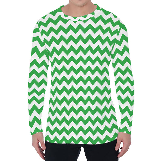 Green And White Chevron Pattern Print Men's Long Sleeve T-Shirt