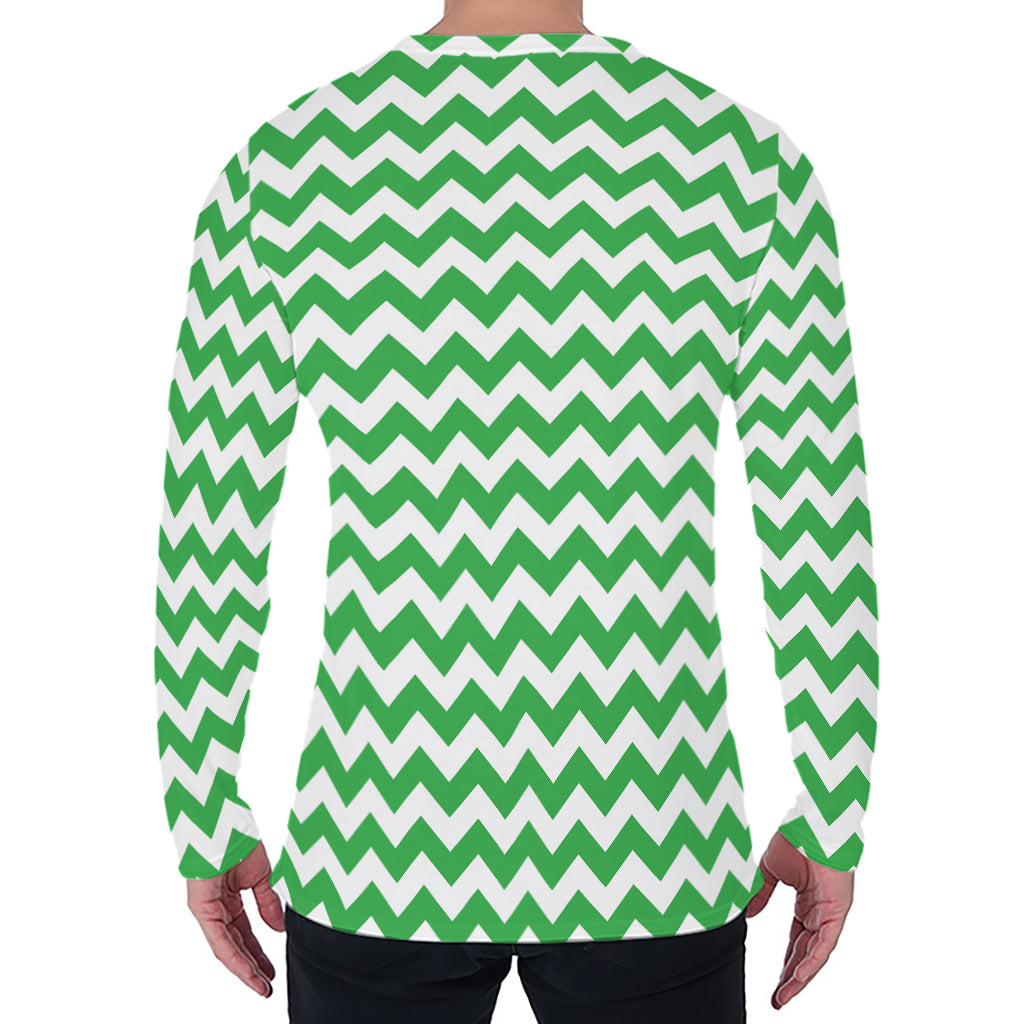 Green And White Chevron Pattern Print Men's Long Sleeve T-Shirt