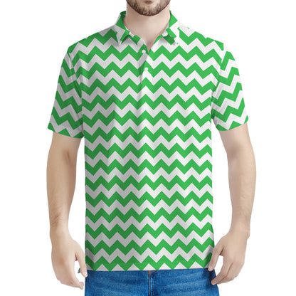 Green And White Chevron Pattern Print Men's Polo Shirt
