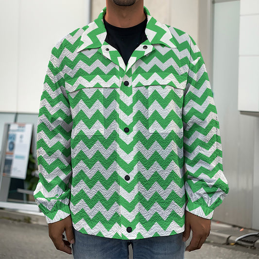 Green And White Chevron Pattern Print Men's Shirt Jacket