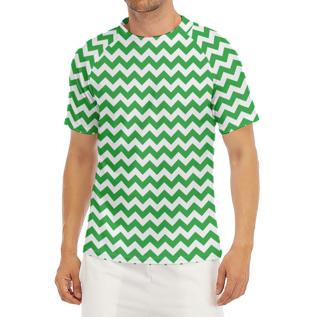 Green And White Chevron Pattern Print Men's Short Sleeve Rash Guard
