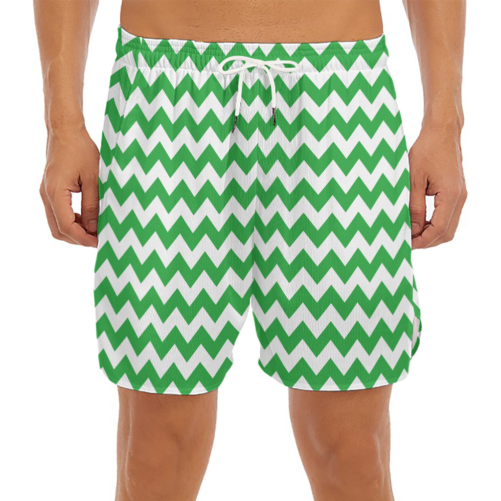 Green And White Chevron Pattern Print Men's Split Running Shorts