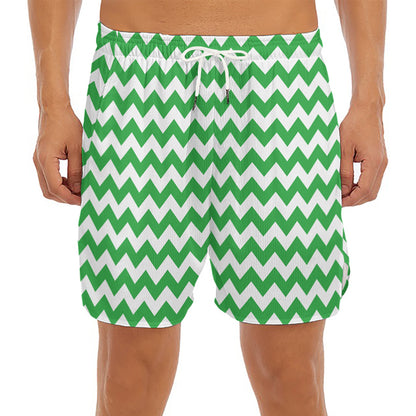 Green And White Chevron Pattern Print Men's Split Running Shorts