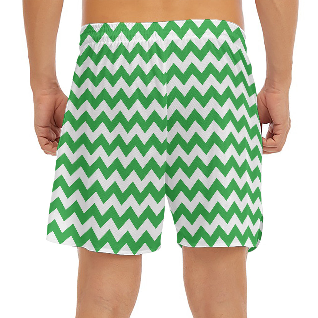 Green And White Chevron Pattern Print Men's Split Running Shorts