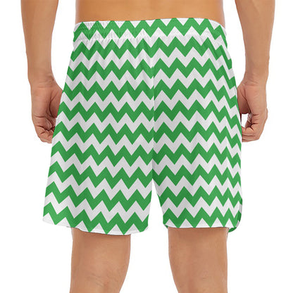 Green And White Chevron Pattern Print Men's Split Running Shorts