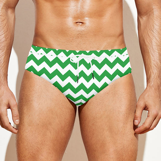 Green And White Chevron Pattern Print Men's Swim Briefs