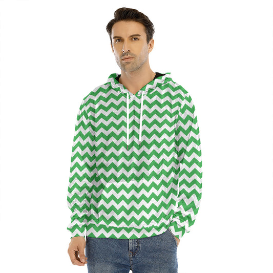 Green And White Chevron Pattern Print Men's Velvet Pullover Hoodie