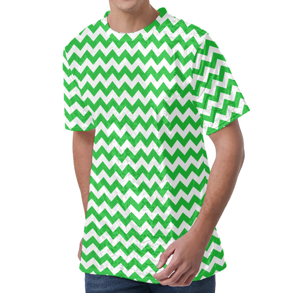 Green And White Chevron Pattern Print Men's Velvet T-Shirt