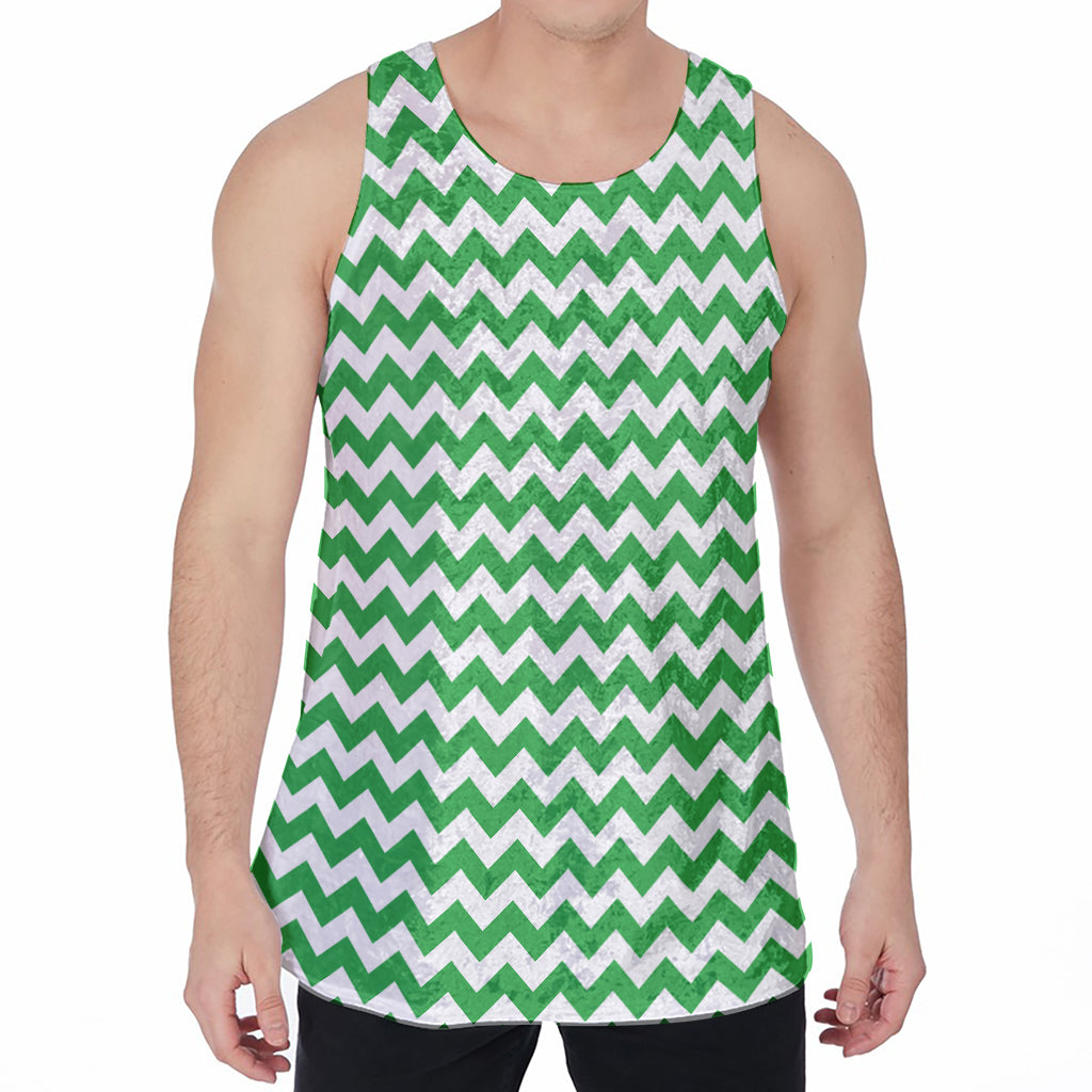 Green And White Chevron Pattern Print Men's Velvet Tank Top