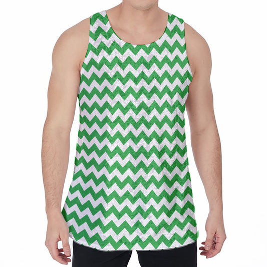 Green And White Chevron Pattern Print Men's Velvet Tank Top