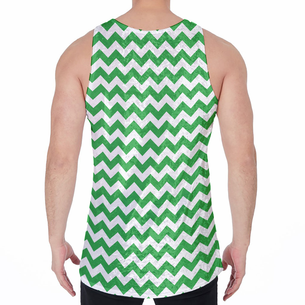 Green And White Chevron Pattern Print Men's Velvet Tank Top