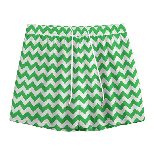Green And White Chevron Pattern Print Mesh Shorts