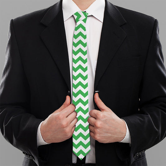 Green And White Chevron Pattern Print Necktie