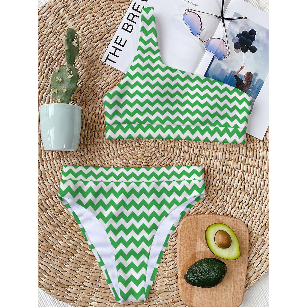 Green And White Chevron Pattern Print One Shoulder Bikini Top