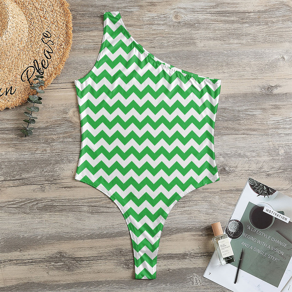 Green And White Chevron Pattern Print One Shoulder Bodysuit