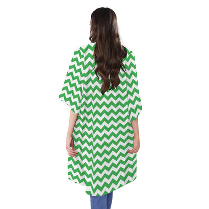 Green And White Chevron Pattern Print Open Front Beach Cover Up