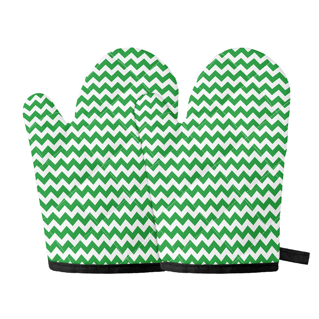Green And White Chevron Pattern Print Oven Mitts