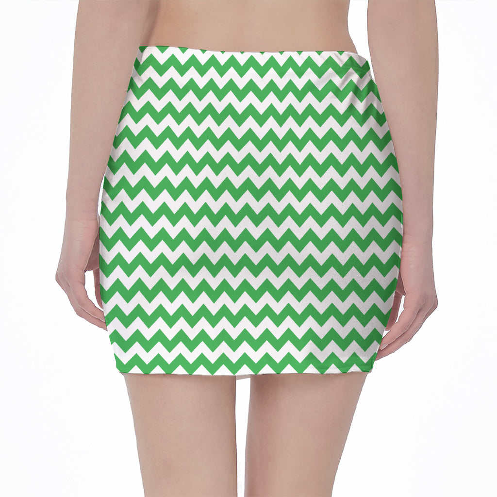 Green And White Chevron Pattern Print Pencil Mini Skirt
