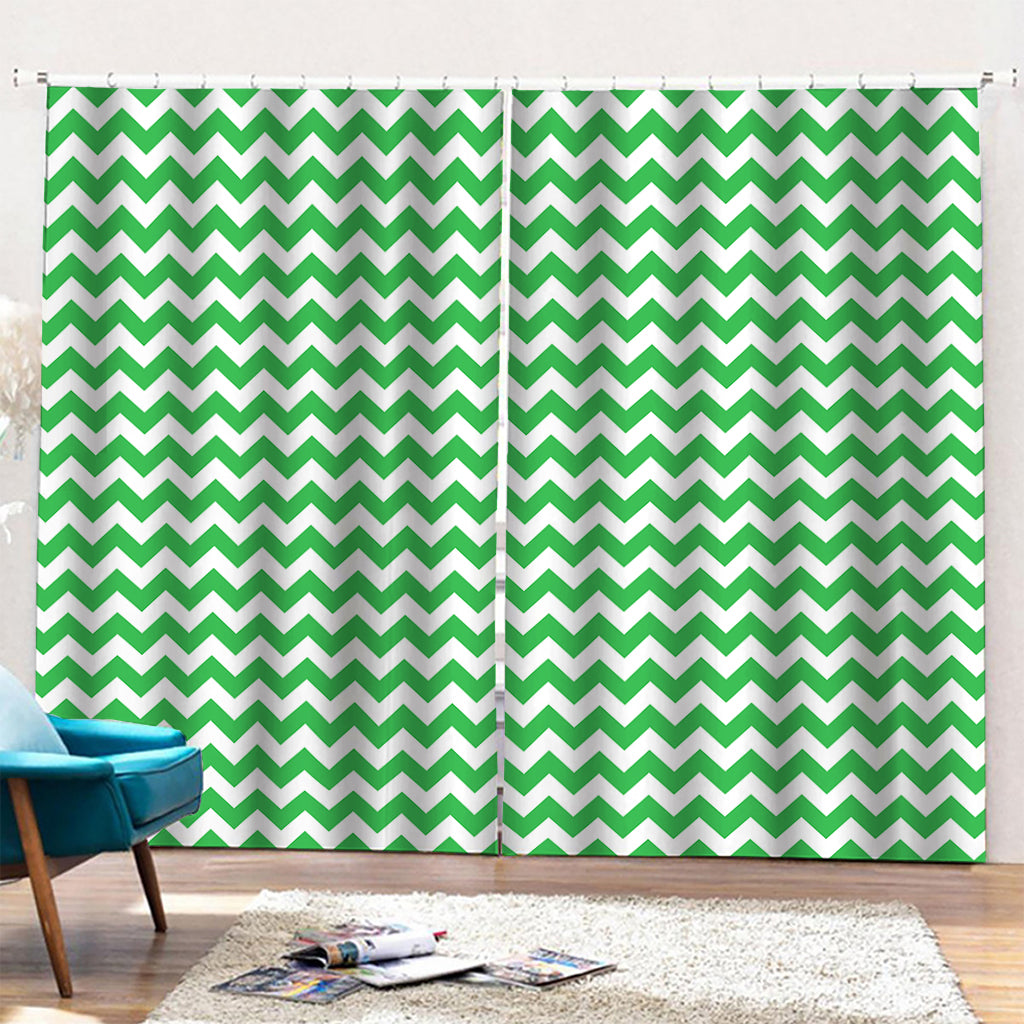 Green And White Chevron Pattern Print Pencil Pleat Curtains