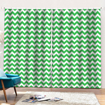Green And White Chevron Pattern Print Pencil Pleat Curtains