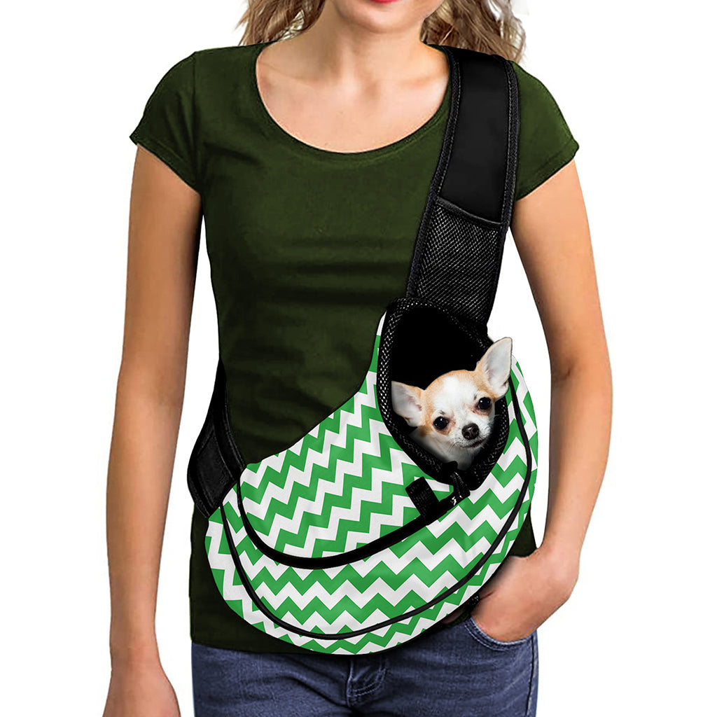 Green And White Chevron Pattern Print Pet Sling Carrier