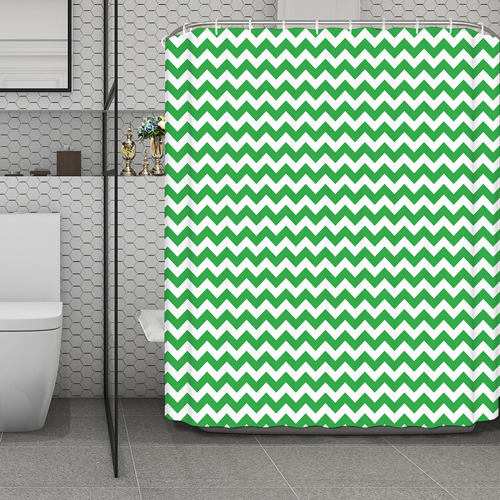 Green And White Chevron Pattern Print Polyester Shower Curtain