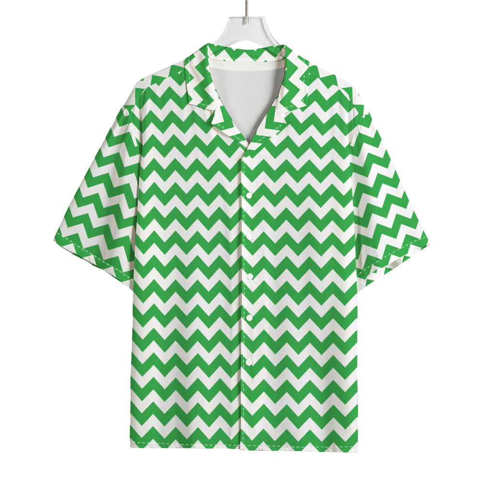 Green And White Chevron Pattern Print Rayon Hawaiian Shirt