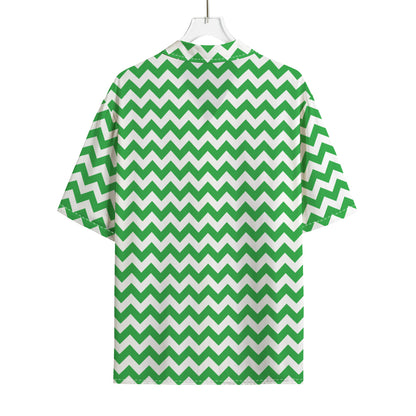 Green And White Chevron Pattern Print Rayon Hawaiian Shirt