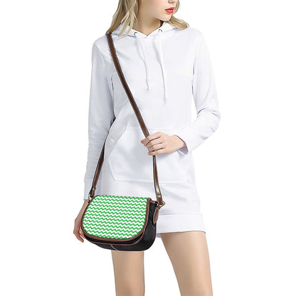 Green And White Chevron Pattern Print Saddle Bag