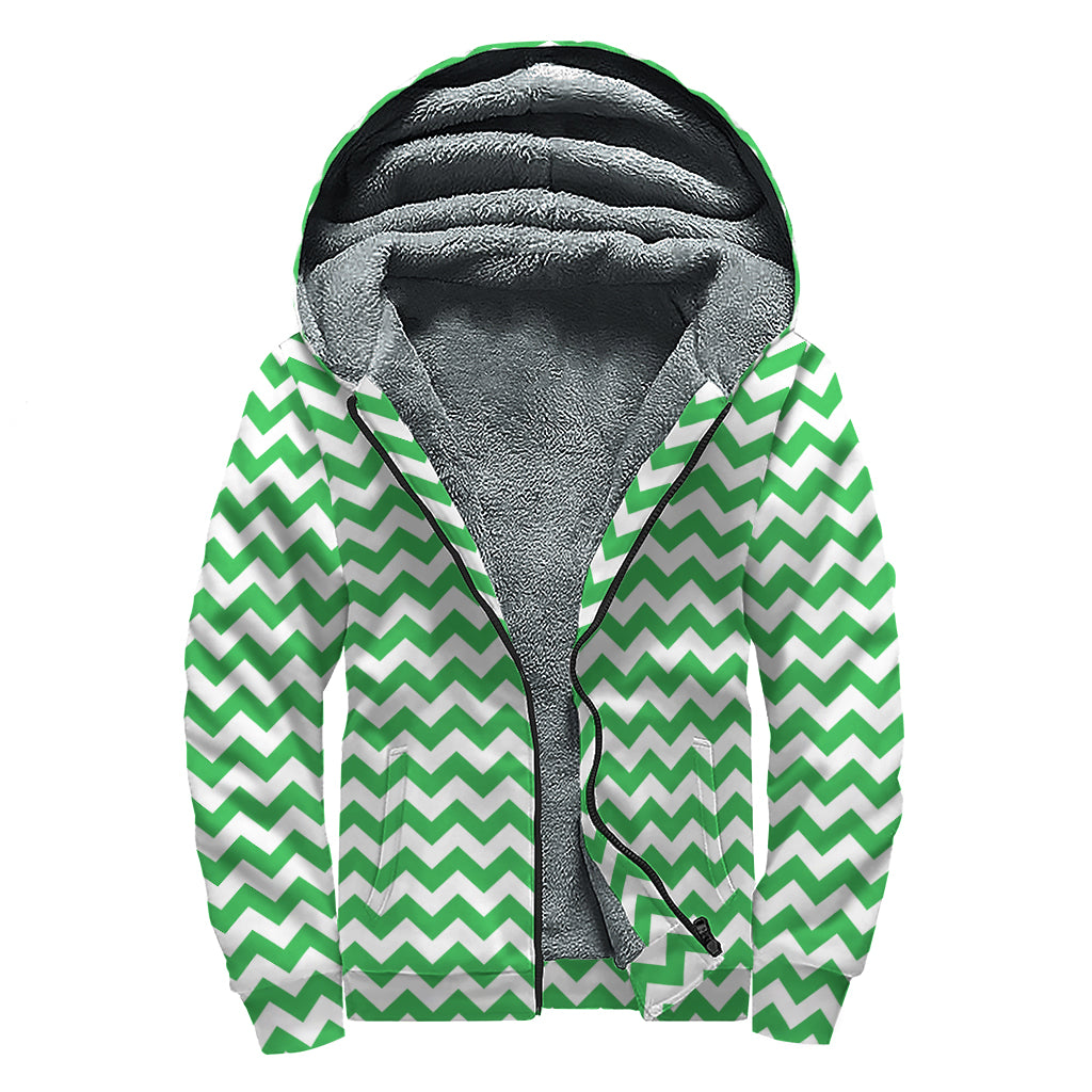 Green And White Chevron Pattern Print Sherpa Lined Zip Up Hoodie