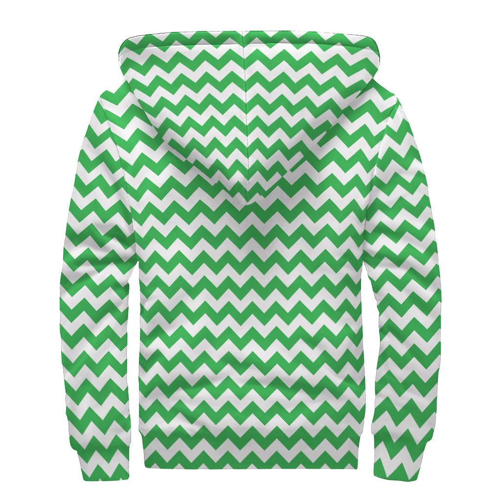 Green And White Chevron Pattern Print Sherpa Lined Zip Up Hoodie
