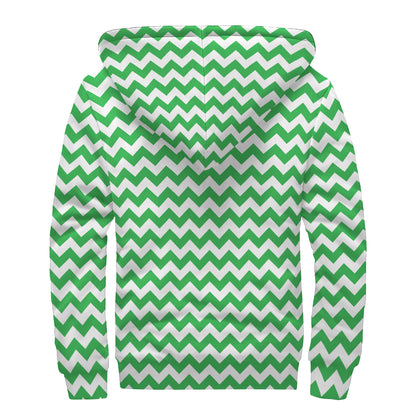 Green And White Chevron Pattern Print Sherpa Lined Zip Up Hoodie