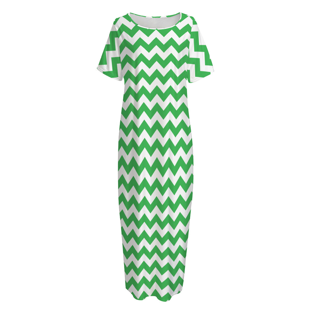 Green And White Chevron Pattern Print Short Sleeve Long Nightdress
