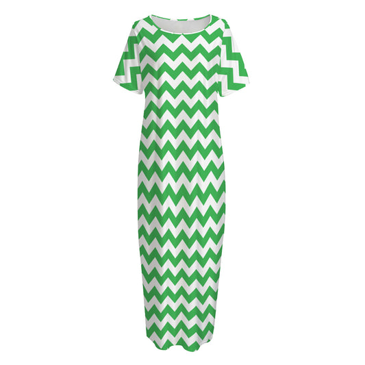 Green And White Chevron Pattern Print Short Sleeve Long Nightdress