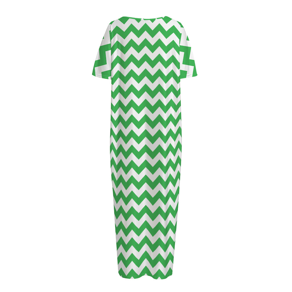 Green And White Chevron Pattern Print Short Sleeve Long Nightdress
