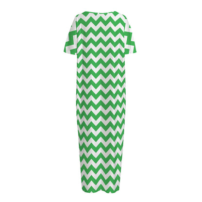Green And White Chevron Pattern Print Short Sleeve Long Nightdress