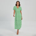 Green And White Chevron Pattern Print Short Sleeve Maxi Dress