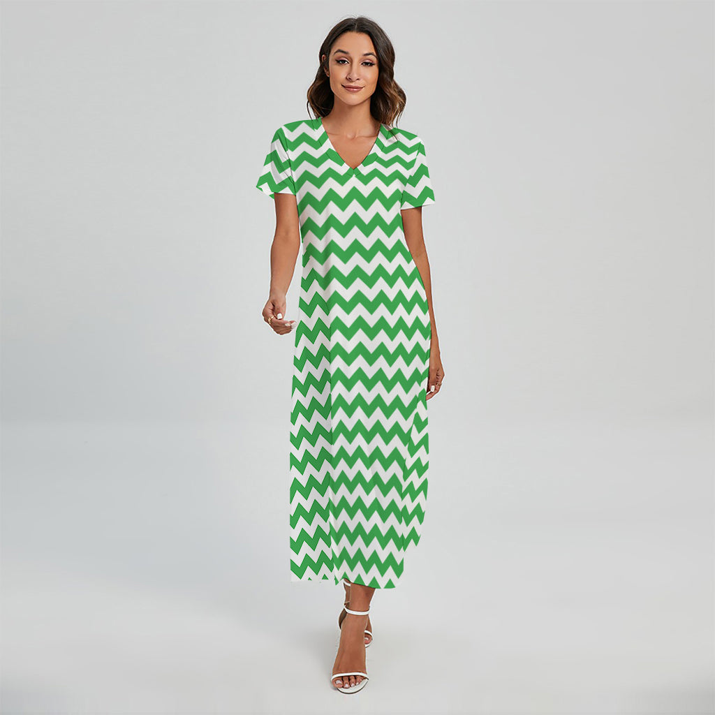Green And White Chevron Pattern Print Short Sleeve Maxi Dress