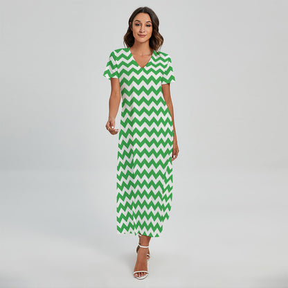 Green And White Chevron Pattern Print Short Sleeve Maxi Dress