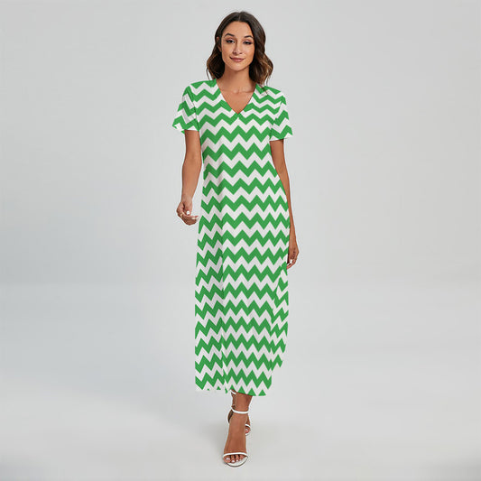Green And White Chevron Pattern Print Short Sleeve Maxi Dress