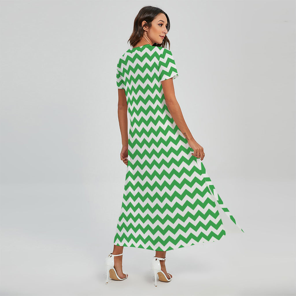 Green And White Chevron Pattern Print Short Sleeve Maxi Dress