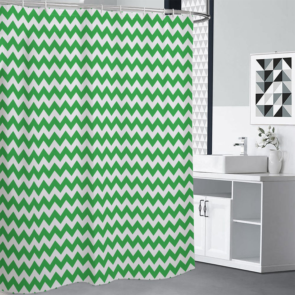 Green And White Chevron Pattern Print Shower Curtain