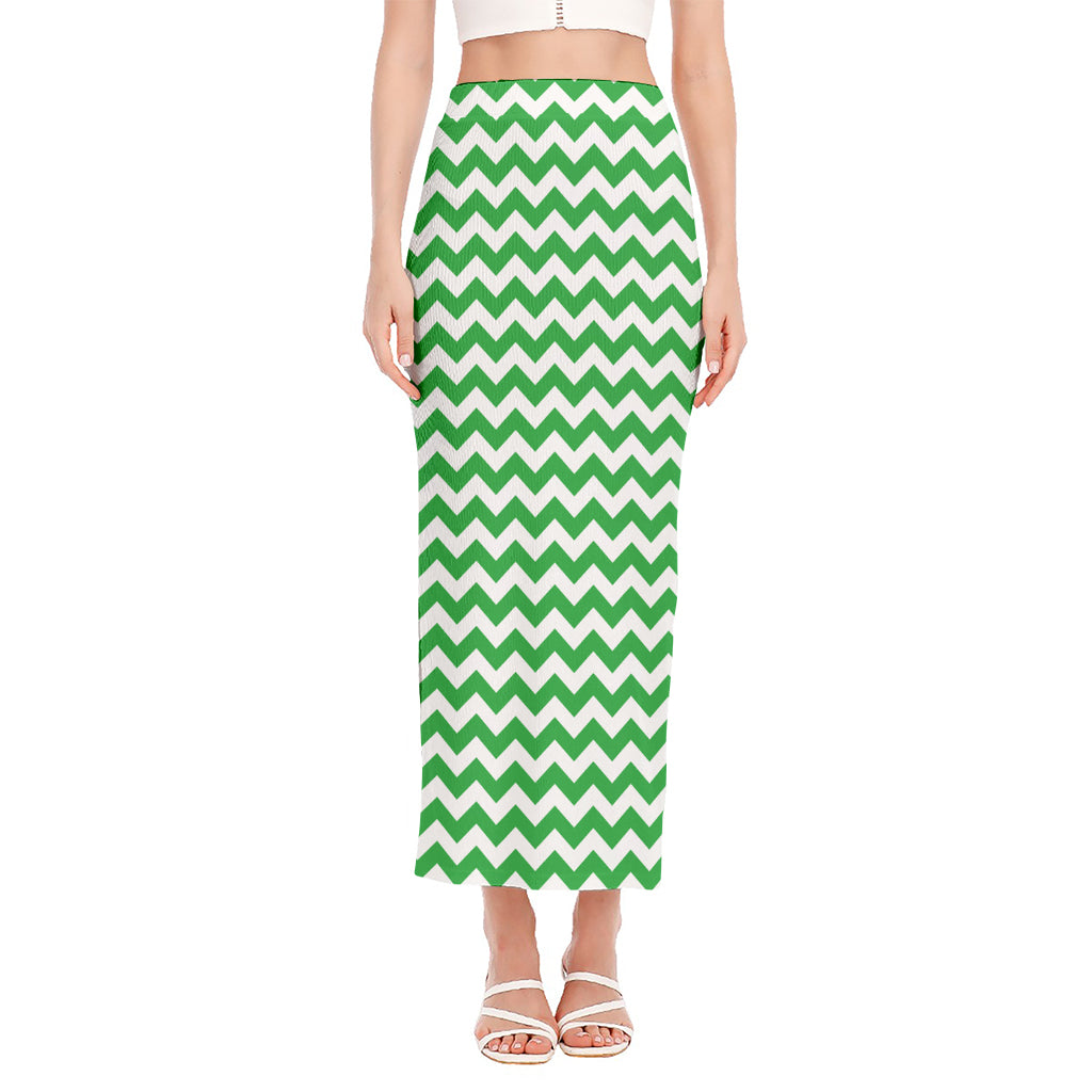 Green And White Chevron Pattern Print Side Slit Maxi Skirt