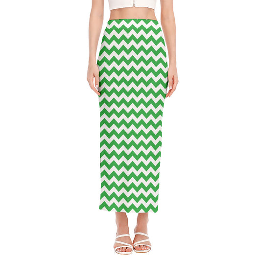 Green And White Chevron Pattern Print Side Slit Maxi Skirt