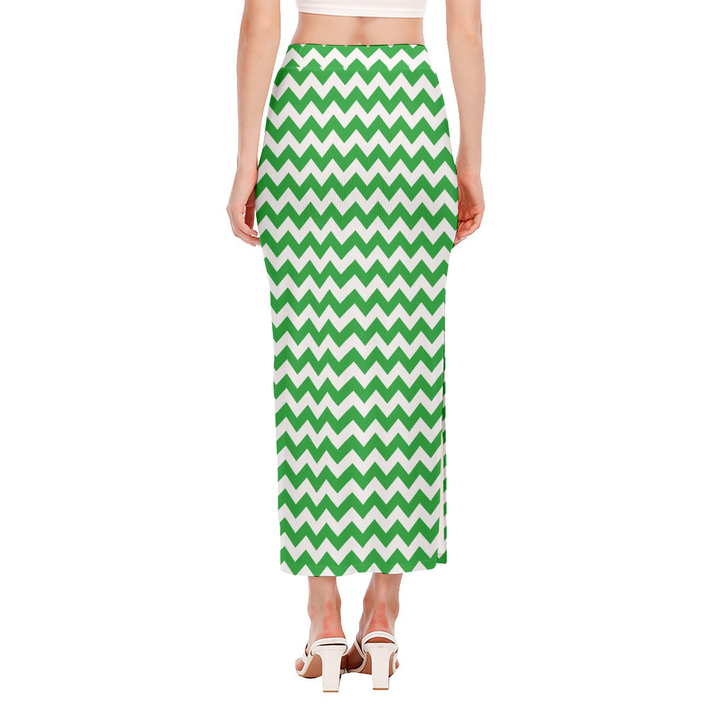 Green And White Chevron Pattern Print Side Slit Maxi Skirt