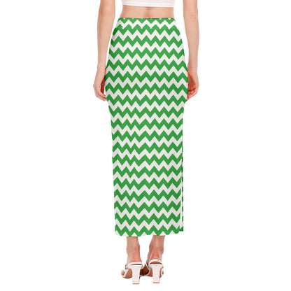 Green And White Chevron Pattern Print Side Slit Maxi Skirt