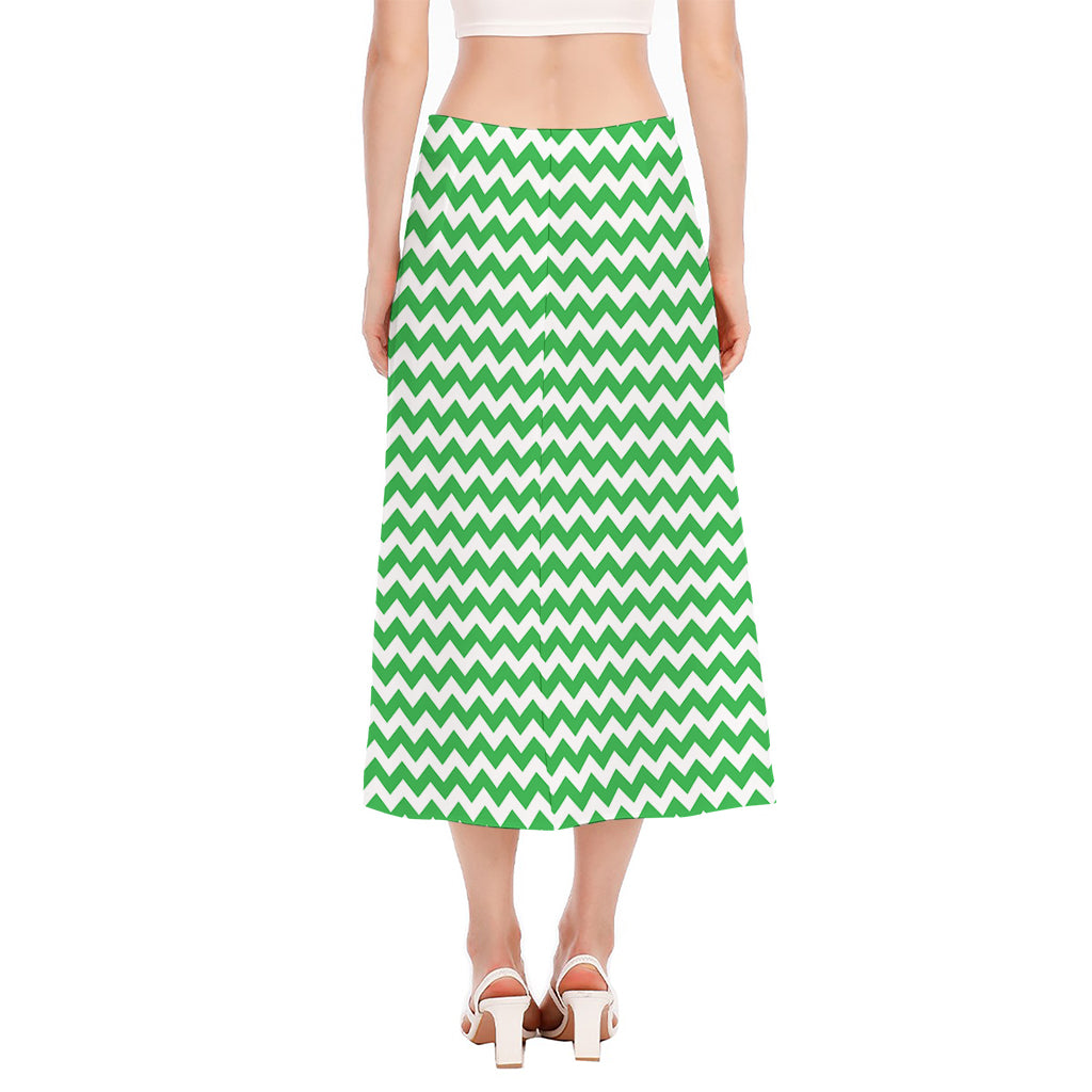 Green And White Chevron Pattern Print Side Slit Midi Skirt