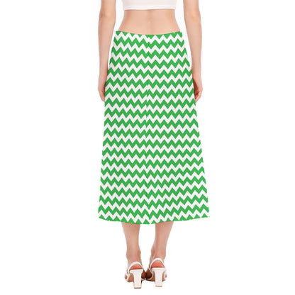 Green And White Chevron Pattern Print Side Slit Midi Skirt