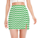 Green And White Chevron Pattern Print Side Slit Mini Skirt